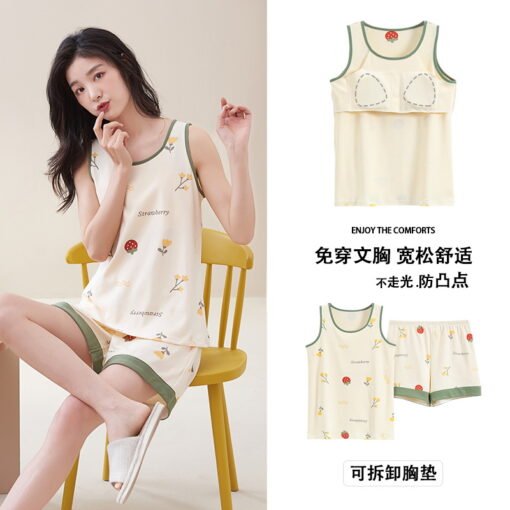 Vapetix M-XXL  Pure Cotton Padded Pajamas with Chest Pad Women's Summer Vest Sleeveless Thin Casual plus size suit - 图片 9
