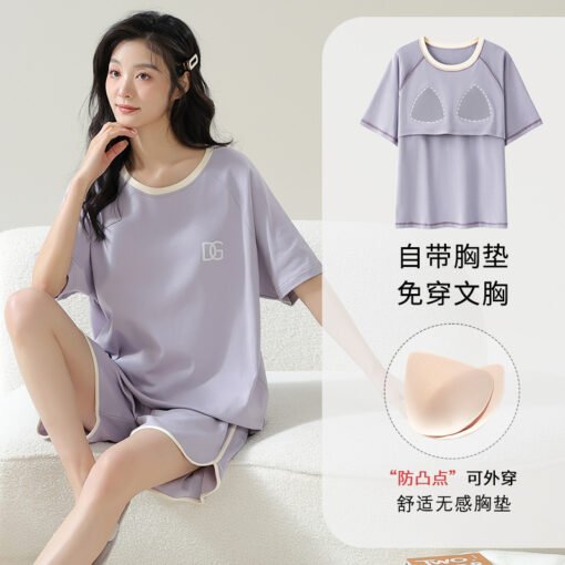 Vapetix M-XXL  Pajamas Women Summer Pure Cotton Short-sleeved Shorts Student Cute Casual Outwear with Chest Pad su - 图片 9