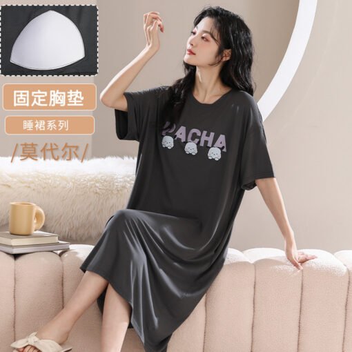 Vapetix M-XXL  Women's Summer Modal Thin Short-sleeved Sweet Cute Student Anti-bump Nightdress with Chest Pad - 图片 9