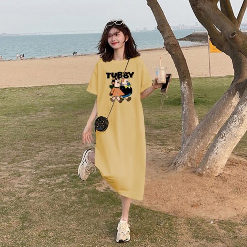 Vapetix M-3XL  (Official Figure 200g Cotton) Summer plus size Loose Long Knee-length dress chubby girl Short-sleev - 图片 3