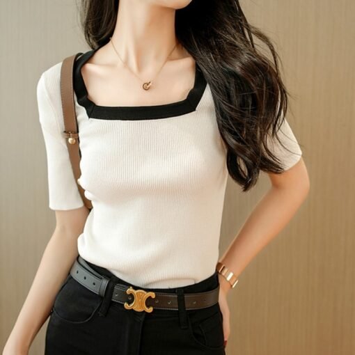Vapetix One size fits all-One size fits all  Summer 2025 Thin Elegant Contrast Square Collar Short-sleeved Knit Sweater Women's Fashion Stylish - 图片 6