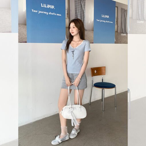Vapetix One size fits all-One size fits all  2025 New Design Sense Blue V-Neck Lace Short Sleeve T-Shirt Women's Shoulder Slim Top - 图片 6