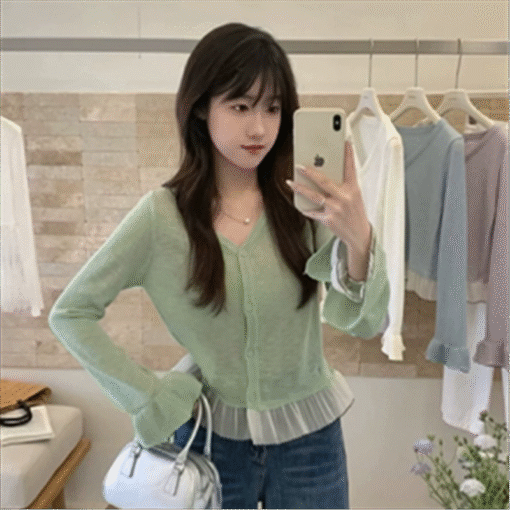 Vapetix One size fits all-One size fits all  Korean Style Gentle Lace Horn Sleeve Knitted Cardigan Women's Spring and Summer Thin Outer Wear V-N - Image 7