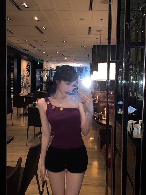 Vapetix One size fits all-One size fits all  Irregular Sexy Shoulder Knitted Camisole Women's Summer Slim-fit Spice Girl Outer Wear Short Purple - 图片 7