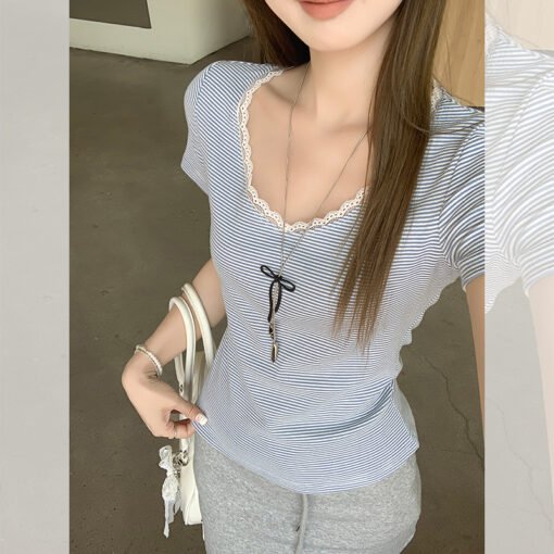 Vapetix One size fits all-One size fits all  2025 New Design Sense Blue V-Neck Lace Short Sleeve T-Shirt Women's Shoulder Slim Top - 图片 7