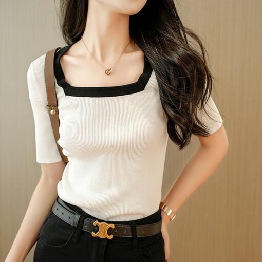 Vapetix One size fits all-One size fits all  Summer 2025 Thin Elegant Contrast Square Collar Short-sleeved Knit Sweater Women's Fashion Stylish - 图片 7