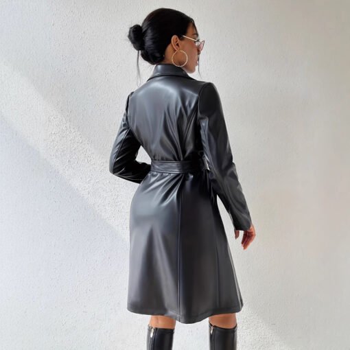 PU Long Sleeve Women's Slim Fit Long Trench Coat - Image 4