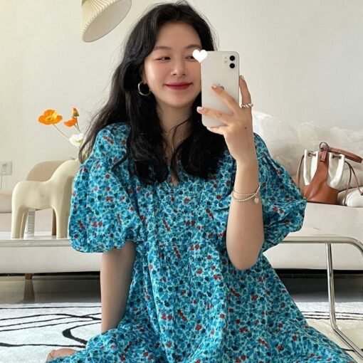 Vapetix M-3XL  2025 Blue Floral dress Fresh Style Bubble Sleeve V-neck Doll Dress Summer Loose Gentle Style Dress - 图片 7