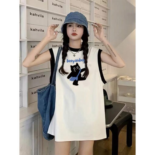 Vapetix M-3XL  (Official Figure 200g Pure Cotton) Summer Contrast Color Medium and Long dress Loose Sleeveless Ves - Image 2