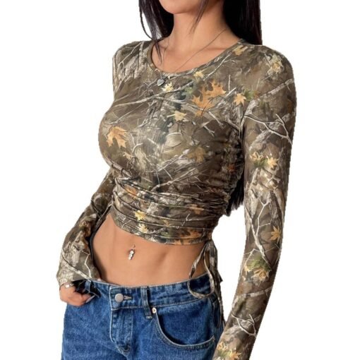 Mesh Branch Printing Side Drawstring Fitted Short T-shirt - Image 5
