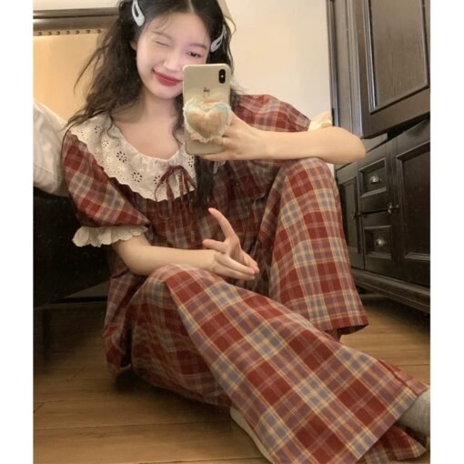 Vapetix M-XXL  Ins Korean-style Pajamas Women's Summer Short-sleeved Trousers Sweet Lace Trimmed Popular Home Clot - Image 5