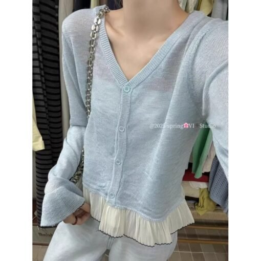 Vapetix One size fits all-One size fits all  Korean Style Gentle Lace Horn Sleeve Knitted Cardigan Women's Spring and Summer Thin Outer Wear V-N - Image 8