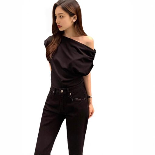 Irregular Shoulder Design Loose Solid Color Pullover Short Sleeve T-shirt - Image 5
