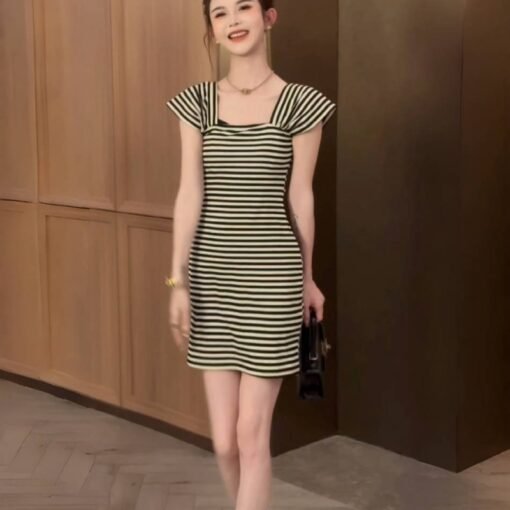 Vapetix One size fits all-One size fits all  French Style Lazy Style Flying Sleeve Striped dress Women's 2025 Summer Short Slim-fit Slimming Arm - 图片 6
