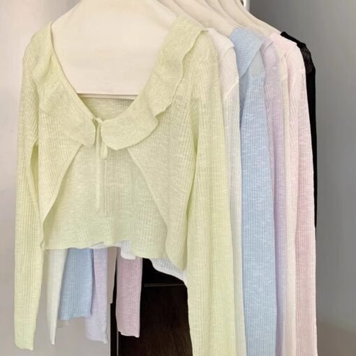 Vapetix One size fits all-One size fits all  Ruffled Lace-up Ice Silk Knitted Cardigan Women's Thin Summer Short Outer Strap Skirt Shawl Sunscre - 图片 5