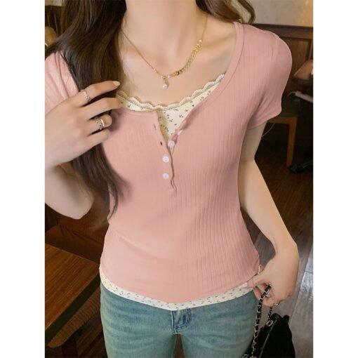 Vapetix M-2XL  Fake Two-piece Lace Short-sleeved T-shirt Women's Summer Design Sense Slim-fit Slimming Sweet Spice - Image 4
