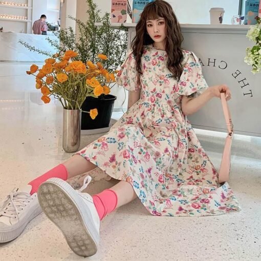 Vapetix M-3XL  Summer Korean-style Retro Oil Painting Floral Tea Break Dress Women's Loose Slimming Small Men Mid- – Bild 6