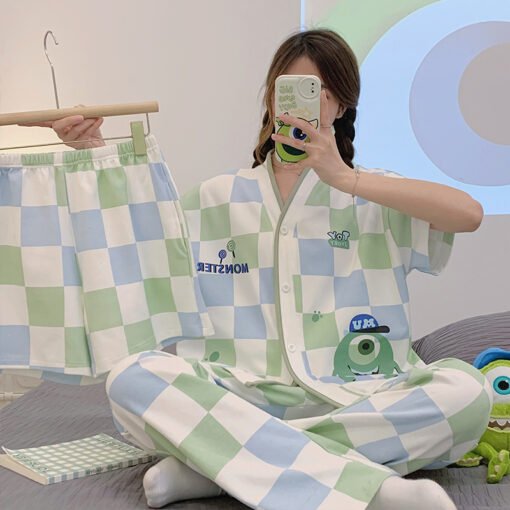 Vapetix M-XXL  6040 Cotton Cartoon Pajamas Three-piece Set Women's Short-sleeved Shorts Lapel Cardigan Trousers Ho - Image 5