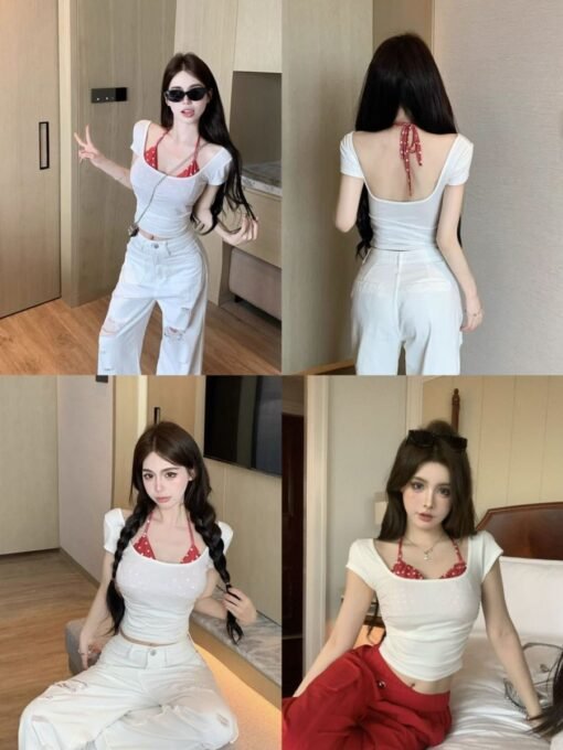 Vapetix One size fits all-One size fits all  Fake Two-Piece Polar Neck Short-Sleeved T-Shirt Women's Summer Slim-Fit Pure Backless Slimming Cont - 图片 7