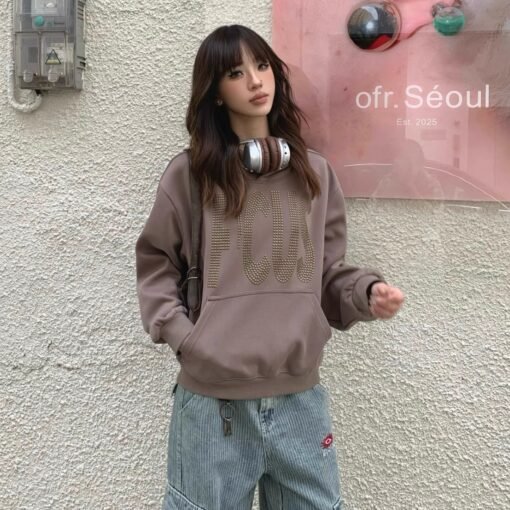 Couple Rhinestone Letter Hooded Short Sweater
