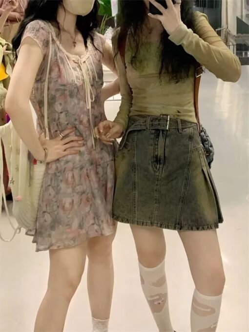 Vapetix S-3XL  American Retro Pleated Pleated Denim Skirt Women's Design High Waist Slim A- line Hip Half-length S - Image 3