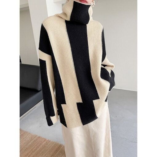 Idle Style Turtleneck Pullover Black And White Striped Sweater For Women - Image 6