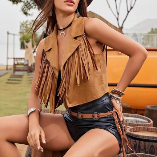 Women's Casual Suede Fringe Lapel Short Jacket - Image 3