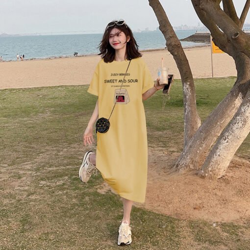 Vapetix M-3XL  (Official Figure 200g Cotton) Summer plus size Loose Long Knee-length dress chubby girl Short-sleev - 图片 4