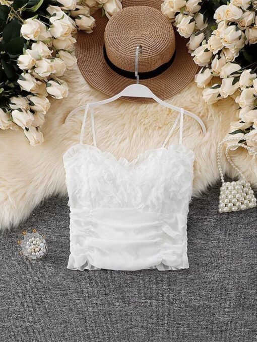 Vapetix One size fits all-One size fits all  Spring new pure wind three-dimensional flower mesh camisole comes with chest pad back elastic pleat - 图片 9