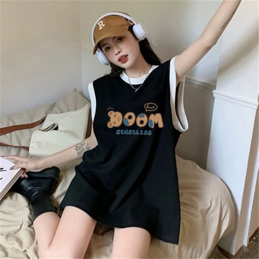 Vapetix M-3XL  (Official Figure 200g Pure Cotton) Summer Contrast Color Medium and Long dress Loose Sleeveless Ves - Image 5