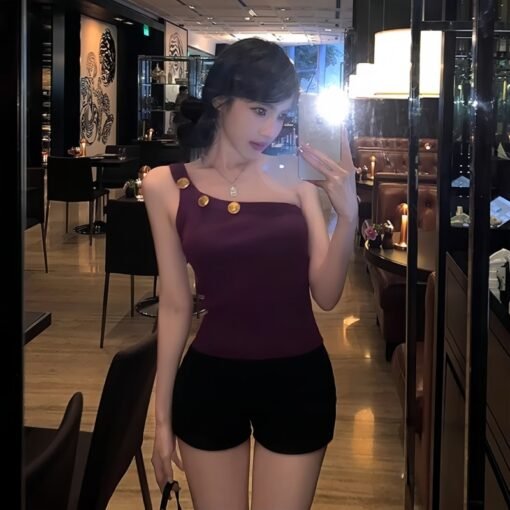 Vapetix One size fits all-One size fits all  Irregular Sexy Shoulder Knitted Camisole Women's Summer Slim-fit Spice Girl Outer Wear Short Purple - 图片 9