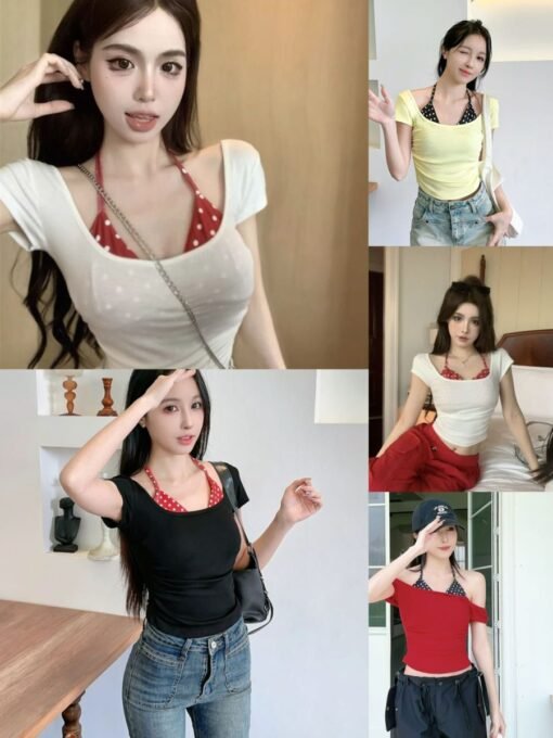 Vapetix One size fits all-One size fits all  Fake Two-Piece Polar Neck Short-Sleeved T-Shirt Women's Summer Slim-Fit Pure Backless Slimming Cont - 图片 9