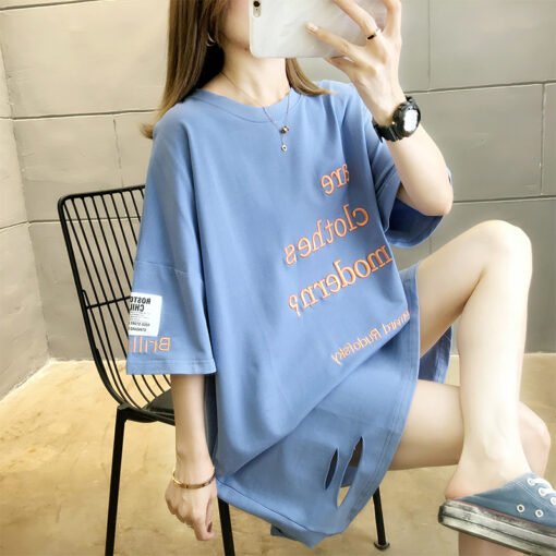 Vapetix M 80-115 pounds-XXL 166-200 pounds  Real 6535 Cotton Korean Style Mid-length Embroidered 2025 New Korean Style Short-sleeved T-shirt Wo - Image 8