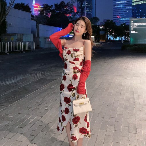 Vapetix S-2XL  Women's Slip Skirt Summer Red Floral dress Design Sense Niche Outfit Slim-fit Waist - Image 4