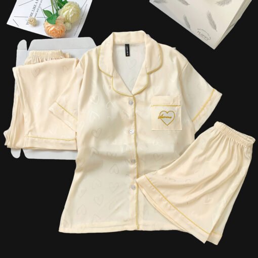 Vapetix M-XXL  Live Summer Short-sleeved Ice Silk Pajamas with Chest Pad Women's Thin Ice Silk Three-piece Set Wom