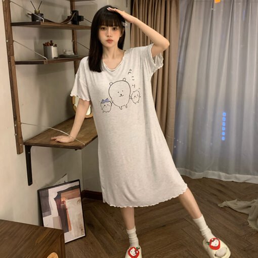Vapetix M-XXL  Shaoxing-Nightgown Women's Modal Cartoon Cute Short-sleeved Mid-length Dress Solid Color Outwear Ho – Bild 5