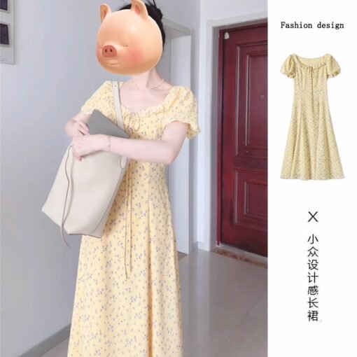 Vapetix S-2XL  French puff sleeve yellow dress summer 2025 new small and beautiful temperament floral long skirt