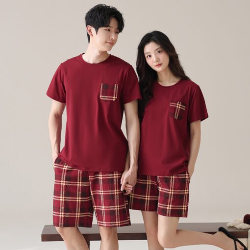 Vapetix Female M-Male 3XL  Pure Cotton Pull Rack Lycra Cotton Couple Pajamas Summer Red Crewneck Women's Short Sleeve Shorts M – Bild 2