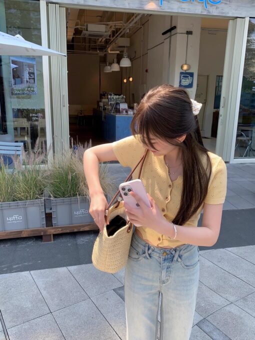 Vapetix Universal code-Universal code  Small T-shirt 2025 summer knitted top short women's new style design and temperament yellow short s