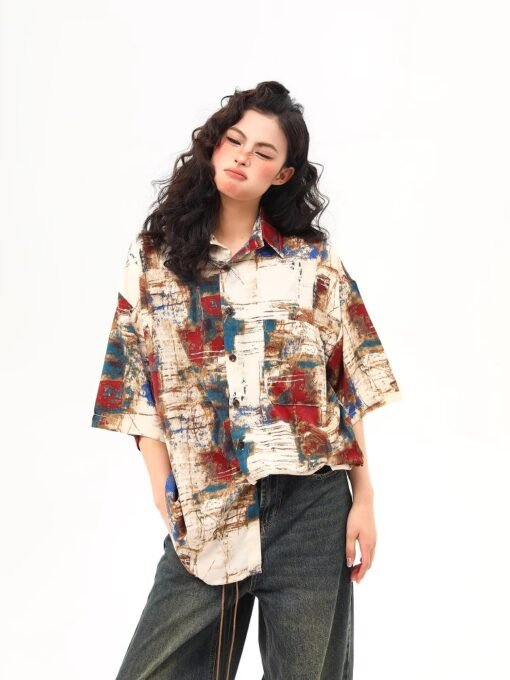 Vapetix S-3XL  Irregular design sense oil painting splashed ink vintage short-sleeved shirt men and women 2025 sum