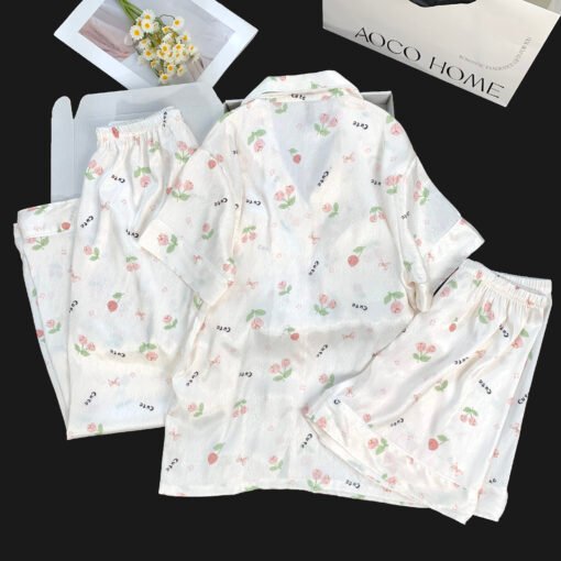 Vapetix M-XXL  Live Summer Short-sleeved Ice Silk Pajamas with Chest Pad Women's Thin Ice Silk Three-piece Set Wom