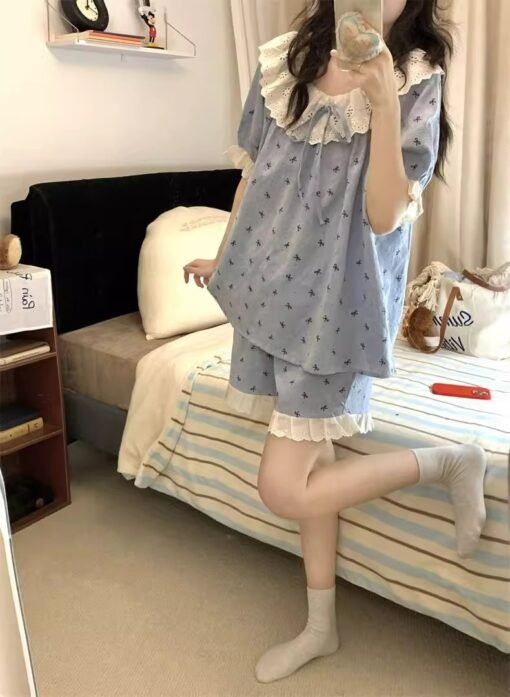 Vapetix M-XXL  Official Figure Cloud Cotton Korean Style Ins Sweet Bow Lace Pajamas Women's Summer New Style