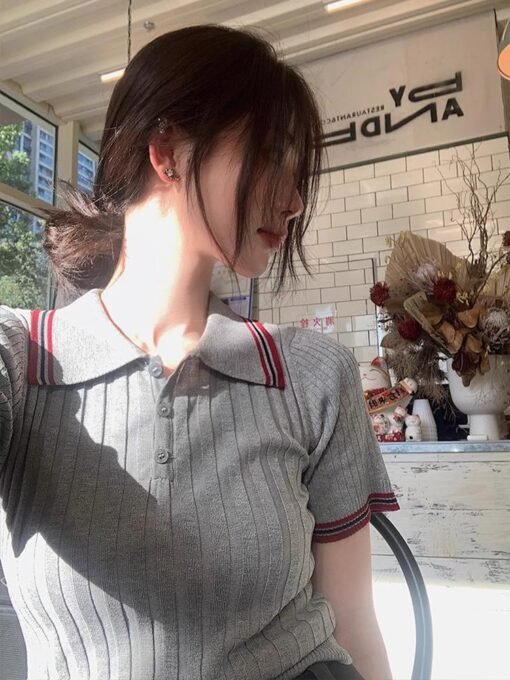 Vapetix Universal code-Universal code  College style gray lapel short sleeve ice silk sweater for women 2025 new summer slim fit small sho