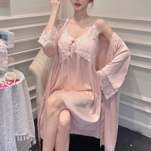Vapetix M-XL  Flower demon live broadcast spring and summer with chest pad long sleeve two-piece ice silk nightgo