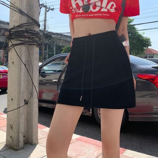 Vapetix XS-XL  Real shot of 2025 spring and summer retro high-waist drawstring short skirt slack a-line skirt skir - 图片 2