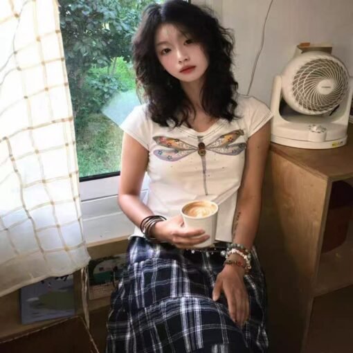 Vapetix S-XL  【210g 40 1×1 pure cotton】V-neck hand-painted dragonfly printed short-sleeved T-shirt slim shoulder