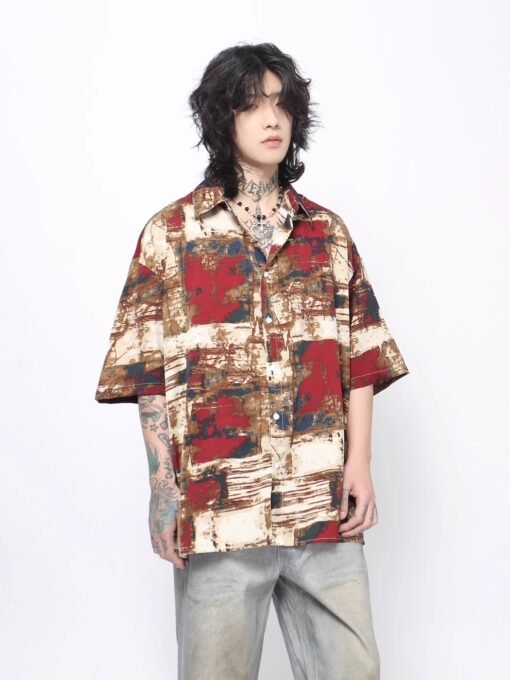 Vapetix S-3XL  American retro vintage oil painting short-sleeved shirt men and women summer street personality tre
