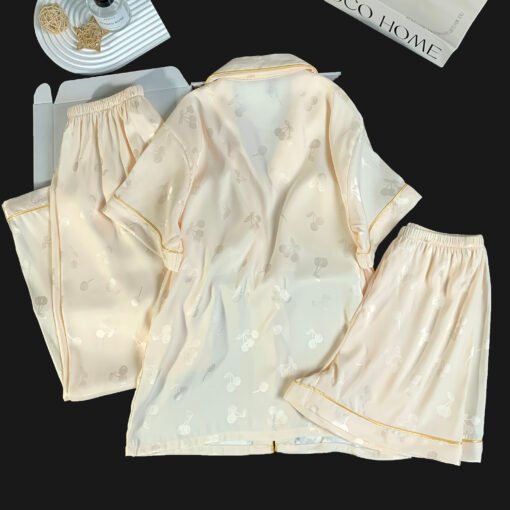 Vapetix M-XXL  Live Summer Short-sleeved Ice Silk Pajamas with Chest Pad Women's Thin Ice Silk Three-piece Set Wom