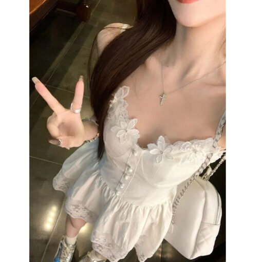Vapetix S-XXL  Summer Pure Desire Fairy White Skirt Korean-style Tight Waist Design Stitching Lace Shoulder Sleeve - 图片 3