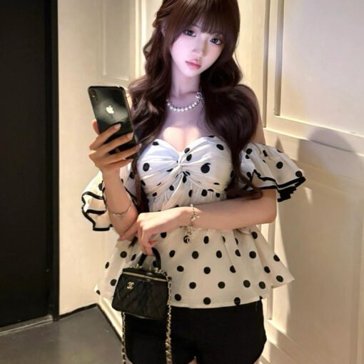 Vapetix S-XL  French design-sensory ruffled polka dot shirt for women in summer temperament one-shoulder off-shou
